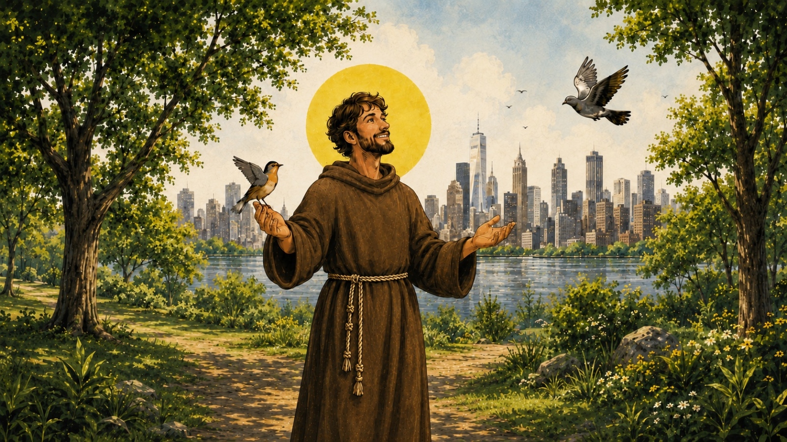 260626_Franziskus im Park mit Skyline_Querformat_KI generiert